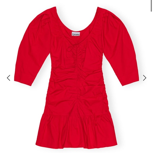 RED COTTON POPLIN GATHERED U-NECK MINI DRESS GANNI - Picture 5 of 7